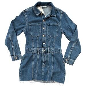 NWT Zara Cotton Boho Western Denim Long Sleeve Mini Button Festival Dress-S